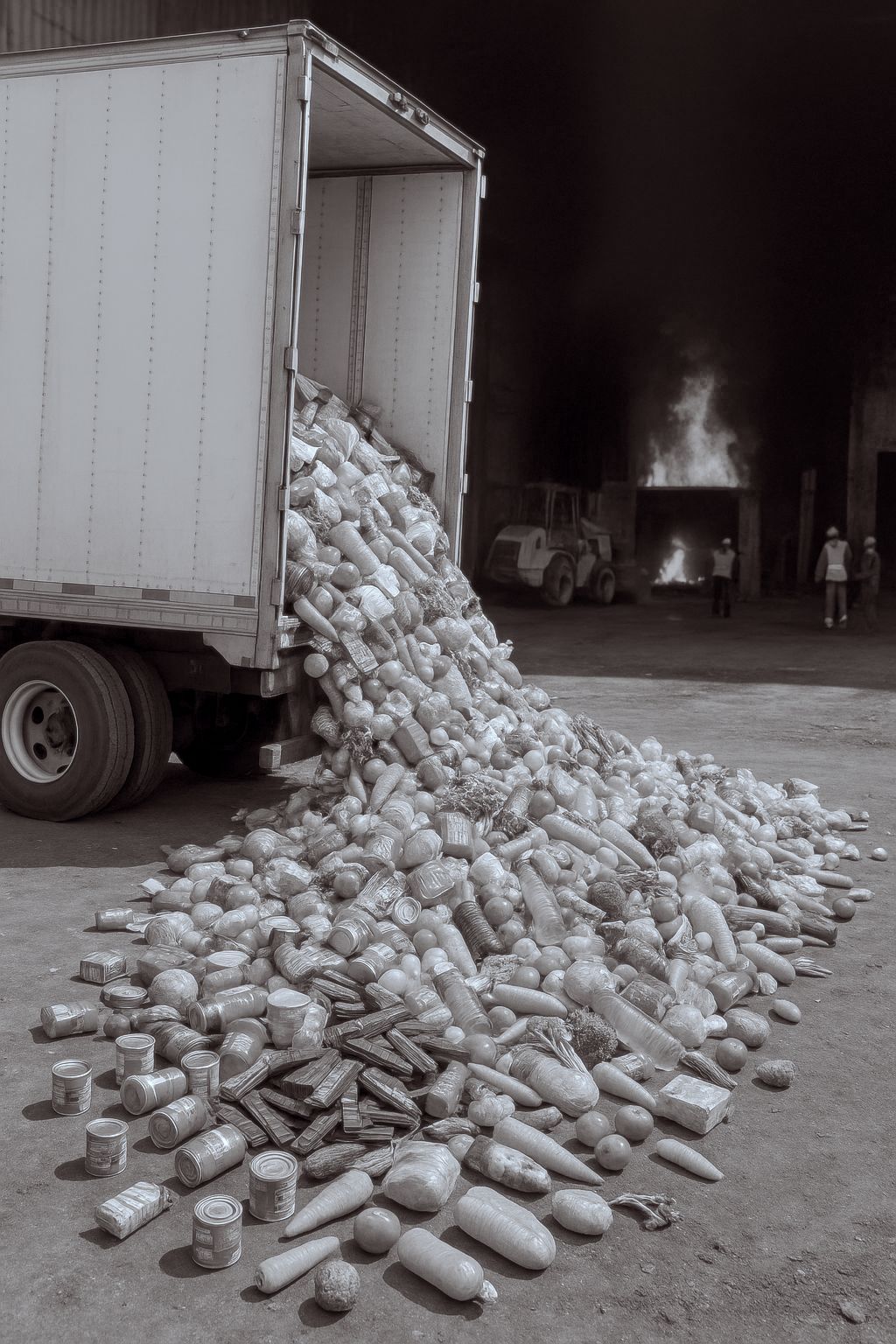 A truck unloading discarded food for destruction