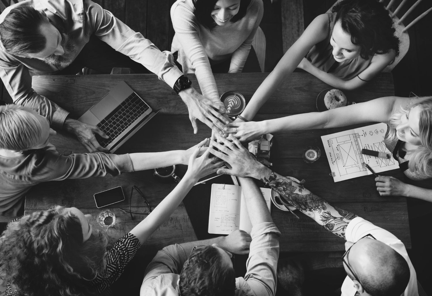 The Food-Stock team joining hands over a work table